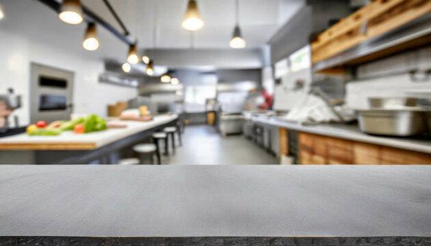 empty table with blurry restaurant kitchen background. ai generated