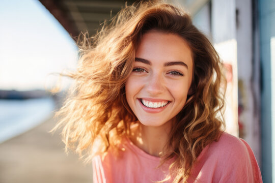 A woman in a pink shirt is smiling with her hair blowing in the wind