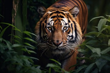Fototapeta premium bengal tiger standing with bamboo bushes in background