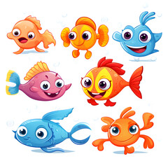Fototapeta premium set of cartoon fishes isolated on transparent background Generative AI