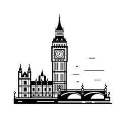 Big Ben tower (London, UK) silhouette isolated on white background. Vector flat illustration - obrazy, fototapety, plakaty