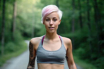 A woman with short pink hair is wearing a grey nike sports bra - obrazy, fototapety, plakaty