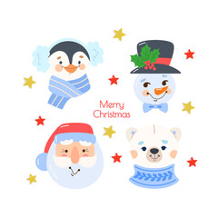 Set of Christmas characters: Santa Claus, snowman in bowler hat with holly berries, penguin in an earmuff, white polar bear in sweater. Cute Christmas greeting card on white background.