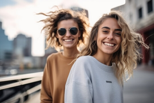 Two women wearing sweatshirts and sunglasses smile for the camera