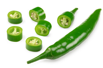 sliced green hot chili peppers isolated on white background clipping path