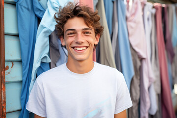 A young man wearing a white shirt is smiling in front of a wall of clothes