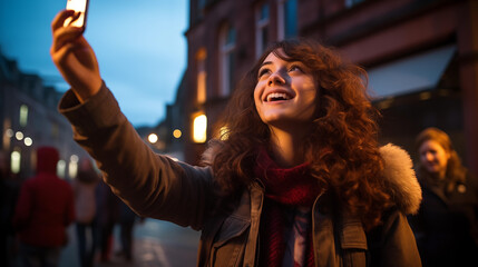 Obraz premium Happy young woman taking a selfie on a vibrant city street at twilight