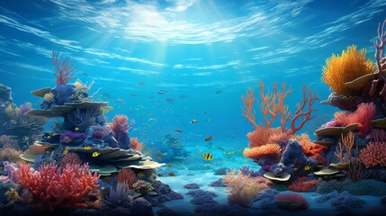 A vibrant coral reef teeming with exotic marine life in crystal clear, turquoise waters.