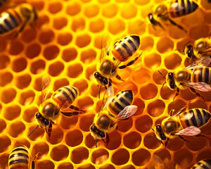 Bee are working on honeycomb super realistic macro. A bunch of bees that are on a honeycomb