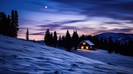 Fototapeta premium A solitary wooden cabin with lights on, standing in a snow-covered landscape at twilight, with a blurred night sky and crescent moon above pine trees.