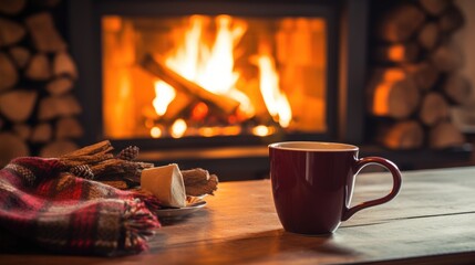 A cozy scene with a blazing fireplace in the background, a red mug, cinnamon sticks, and a plaid scarf on a wooden table, conveying warmth and comfort.