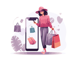 Online shopping - girl buying clothes with smartphone - simple vector