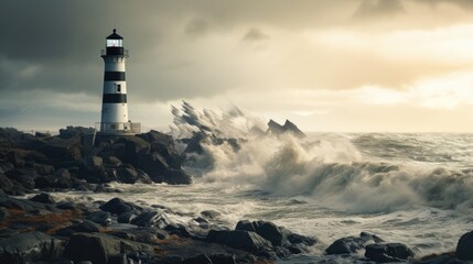 A classic lighthouse overlooks a tempestuous ocean, its black and white bands cutting a defining figure against the cloudy backdrop. The sea's fury is captured as waves break violently.