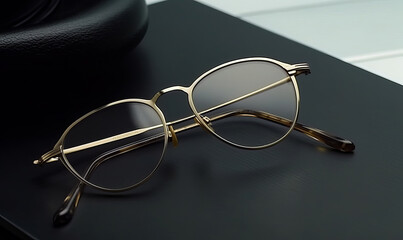Design a fashionable and retro metal eyeglasses. A pair of glasses sitting on top of a table - Powered by Adobe