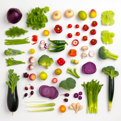 Knolling effects vegetables set on white. A variety of vegetables arranged on a white surface