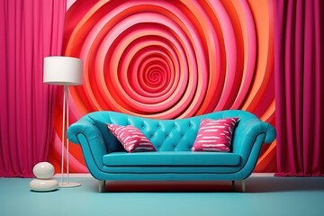 Bright color interior with sofa, lamp and pop art background