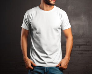 White Male T-shirt Mockup. A man in a white t - shirt posing for a picture