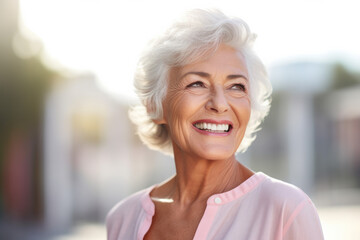 A woman with gray hair and a pink shirt is smiling