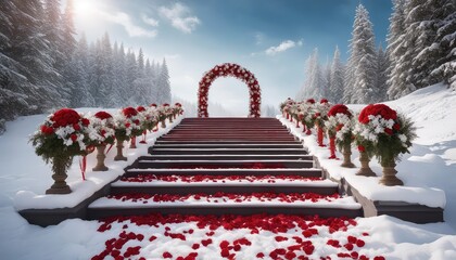 wedding backdrop with christmas themed, heavy snow on the winding stair steps, staircase, floral arch, red and white roses covered with snow, white trees, forest background - obrazy, fototapety, plakaty