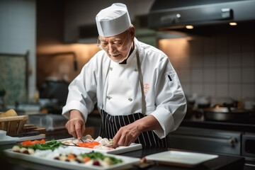 A chef is preparing food in a kitchen and has a badge on his uniform that says ' a ' on it