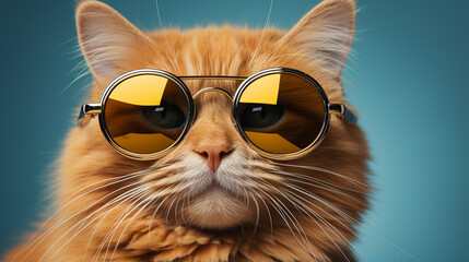 Closeup portrait of funny ginger cat wearing sunglasses on pastel color background. generative ai - obrazy, fototapety, plakaty