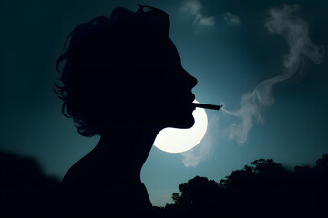 Silhouette of woman with  cigarette on the moon background