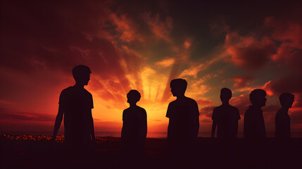 Silhouettes of youth on the sunset
