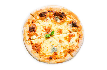 Four Cheese Pizza on Dark Background, Freshly Baked Pizza on White Background