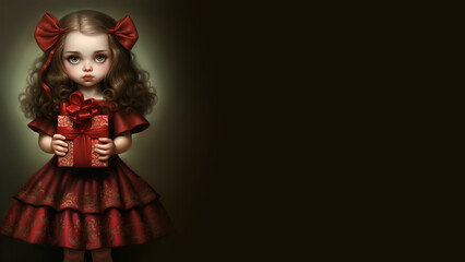Fototapeta premium Cute blond doll in red dress holding a gift box, isolated on black background, Christmas, New Year, Birthday and other special events cartoon illustration, copy space, 16:9