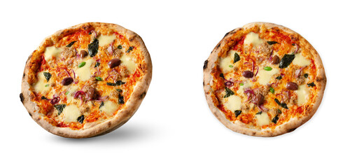Tuna Pizza, Freshly Baked Pizza with Tuna, Mozzarella, Onion, Basil and Olives on White Background