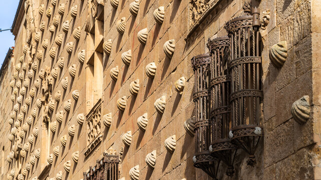Facade of the Casa de las Conchas in the city of Salamanca, in Castilla y Leon, Spain.