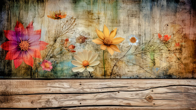 Flower arrangement on an old wooden background with shabby and cracked paint close-up with copy space. Greeting card base design. Floral banner, poster, background.