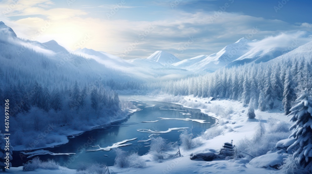 Poster a view of a snow covered mountain with trees in the foreground and a snow covered mountain in the ba