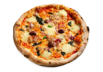 Tuna Pizza, Freshly Baked Pizza with Tuna, Mozzarella, Onion, Basil and Olives on White Background