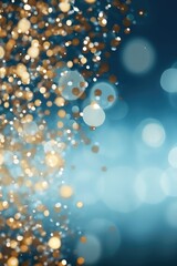 Glitter vintage lights background. blue, gold defocused. Christmas bokeh.