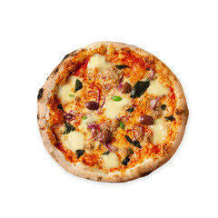 Tuna Pizza, Freshly Baked Pizza with Tuna, Mozzarella, Onion, Basil and Olives on White Background