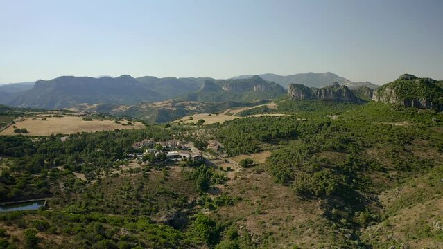 Aerial drone view of wild mountain landscape of Sardinia near Jerzu, Italy