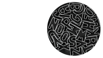 Alphabet cookie cutter set in a box on white copy-space background.