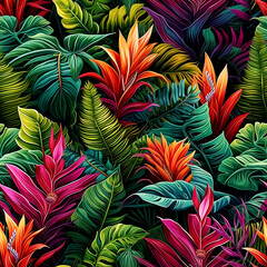 Fototapeta na wymiar Seamless pattern with tropical flowers and leaves