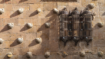 Facade of the Casa de las Conchas in the city of Salamanca, in Castilla y Leon, Spain.
