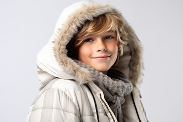 A young boy wearing a white coat with a fur hood