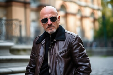 A bald man wearing sunglasses and a leather jacket
