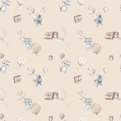 Seamless pattern of little fluffy gray kitten and balloon. Watercolor hand drawn. Merry New Year and birthday gift boxes with golden bows. Scottish fold on light background. Cat for kids pastel color