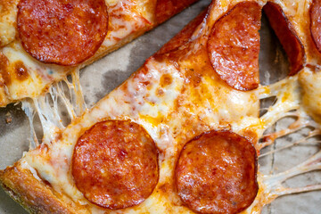 pepperoni pizza, sausage pizza, italian pepperoni pizza in pizzeria, italian food, pizza slice