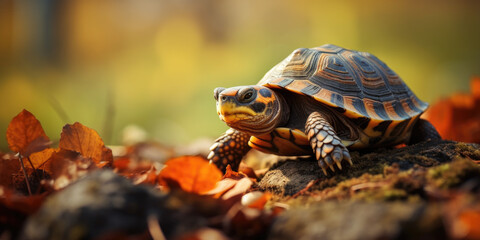 turtle crawling on leafs - obrazy, fototapety, plakaty