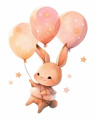 Adorable bunny on balloon, pastel colorful illustration for kids and greeting cards isolated on white background.