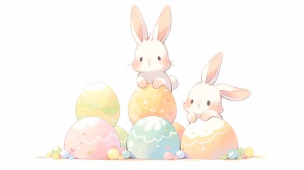 Cute bunny rabbit sits on easter eggs piles illustration isolated on white background, happy easter holiday, greeting card, Easter Egg Hunt Game concept.