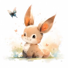 cute bunny rabbits playing and catching butterfly is depicted in a watercolor. Bunnies in a Meadow Playing isolated on white background.