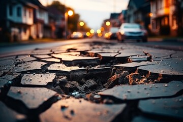 Large cracks on asphalt road after earthquake - obrazy, fototapety, plakaty