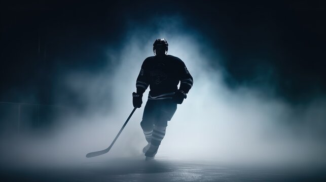 Hockey player with stick in action under spotlight